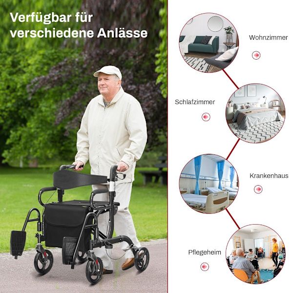 Rollator hopfällbar och lätt med säte 2 i 1 rullstol & reserollator gånghjälp 6-vägs höjdjusterbar