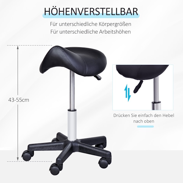 Rullpall, höjdjusterbar svängbar pall, arbetspall med hjul, roterande salongsstol, salongspall, konstläder, svart