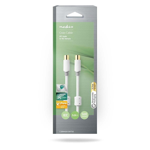 Coax Cable | IEC (Coax) Han | IEC (Coax) Hun | Guldplateret | 100 dB | 75 Ohm | Dobbelt afskærmet | 5.00 m | Runde | PVC | Hvid | Box