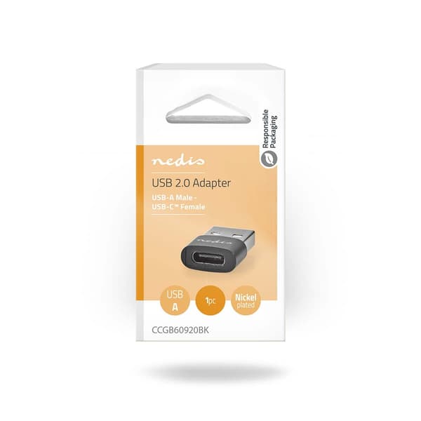 USB-A Sovitin | USB 2.0 | USB-A Uros | USB-C™ Naaras | 480 Mbps | Pyöreä | Niklattu | Musta | Laatikko