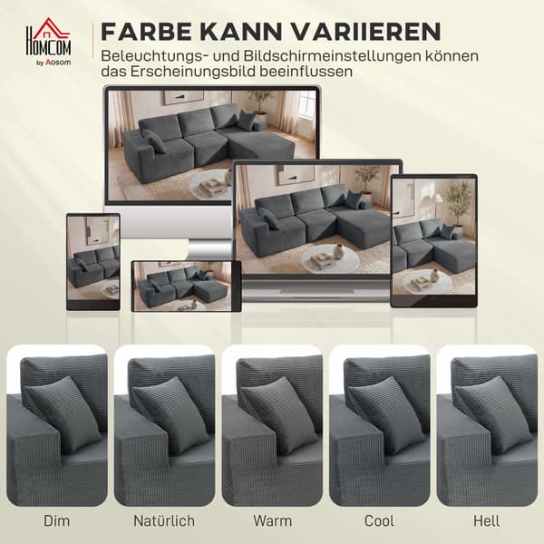 Modulär L-formad bäddsoffa, djup sits, manchester, mörkgrå