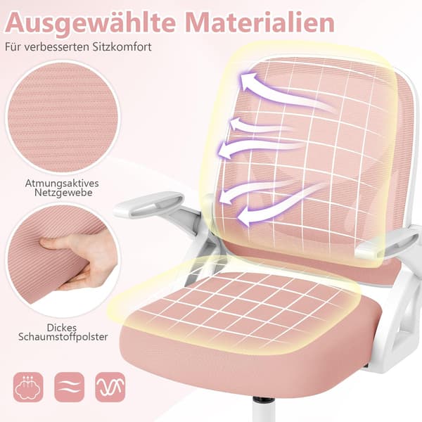 Ergonomisk kontorstol, lyserød, foldbare armlæn, lændestøtte