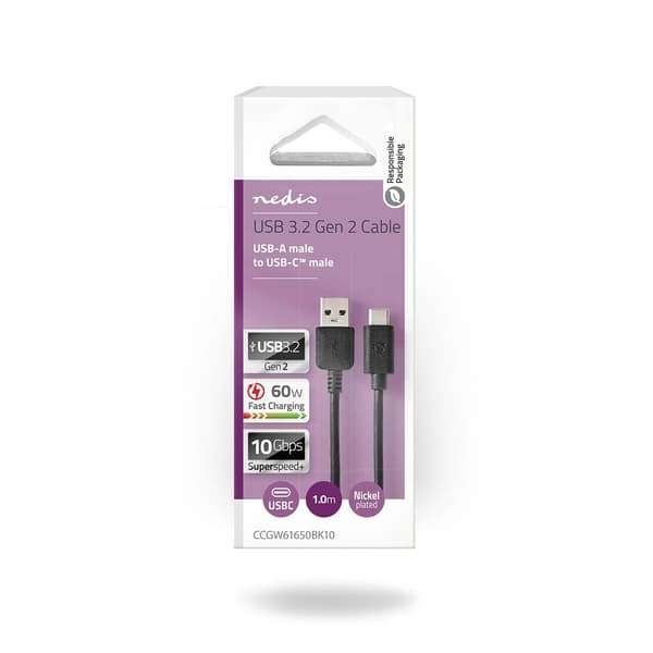 USB-kabel | USB 3.2 Gen 2 | USB-A Han | USB-C™ Han | 60 W | 10 Gbps | Nikkelplateret | 1.00 m | Runde | PVC | Sort | Box