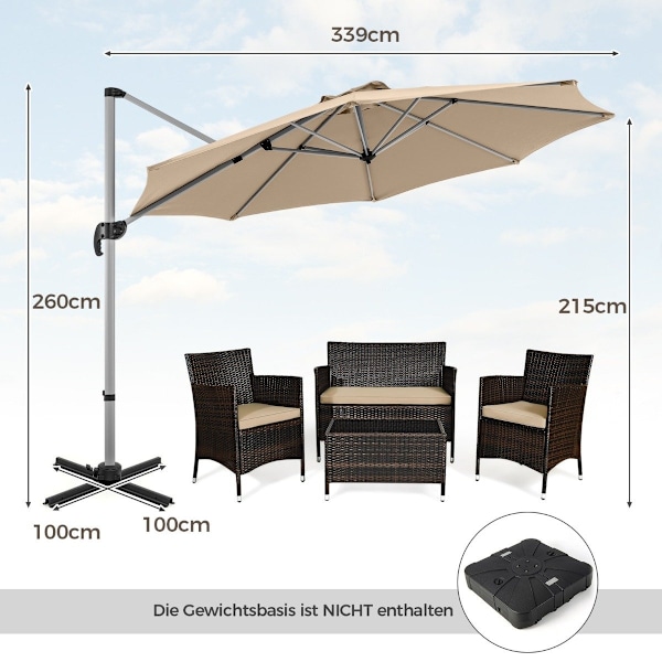 Ø 330 cm parasol med håndsving &amp; UPF 50+ &amp; 360° roterende cantilever paraply haveparaply beige