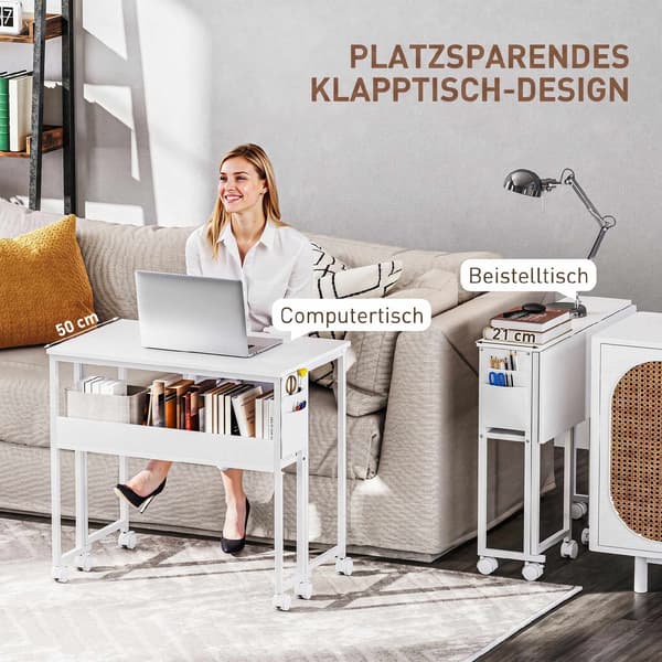 Hopfällbart skrivbord med hyllplan, vit, 50-21 cm djup