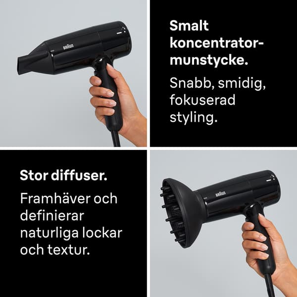 Hårtørrer 2200W, ionisk, 3 varmeindstillinger, 2 hastigheder, 2 tilbehør