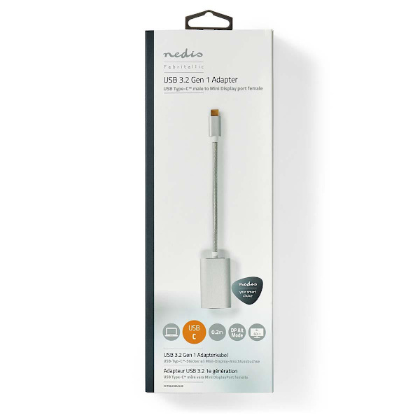 USB-C™ Sovitin | USB 3.2 Gen 1 | USB-C™ Uros | Mini DisplayPort Naaras | Power delivery | 0.20 m | Pyöreä | Kullattu | Nailon / Punottu | Hopea | Laat
