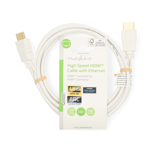 High Speed ​​HDMI ™ kabel med Ethernet | HDMI™ Stik | HDMI™ Stik | 4K@60Hz | ARC | 18 Gbps | 2.00 m | Runde | PVC | Hvid | Label