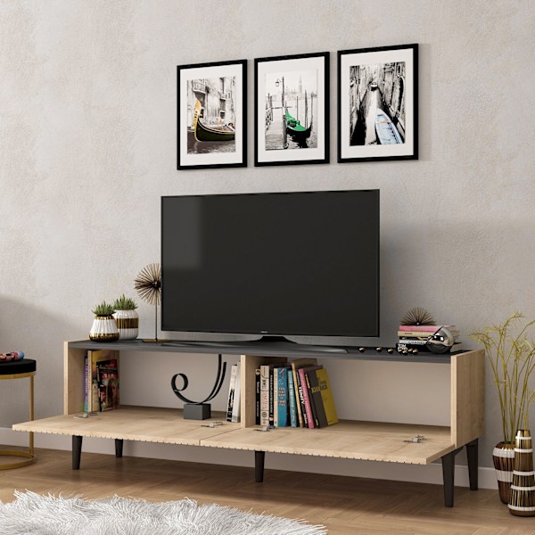 TV-telineen piirustus - Sapphire Oak, musta marmori