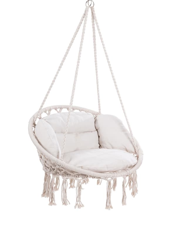 Krämfärgad boho hängstol med kuddar, inomhus/utomhus