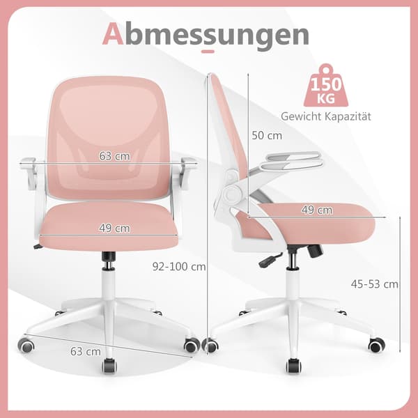 Ergonomisk kontorstol, lyserød, foldbare armlæn, lændestøtte
