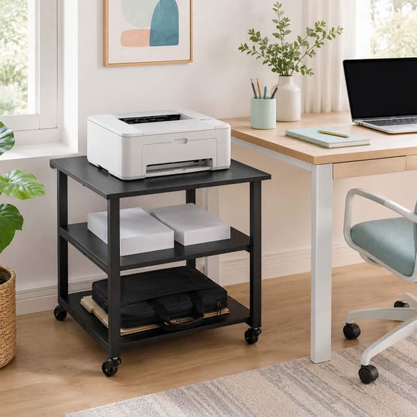 Printerstativ til skrivebord med hjul – sort, 3-lags