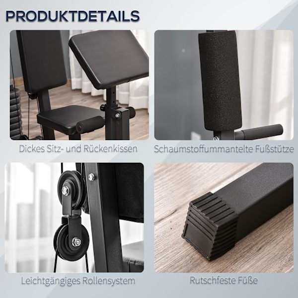 Gym Multigym Fitnessudstyr Fitnessstation Fitnesscenter Inklusive Vægte Med Rullepolstring Stål Kunstlæder Sort 148 X 108 X 207 Cm