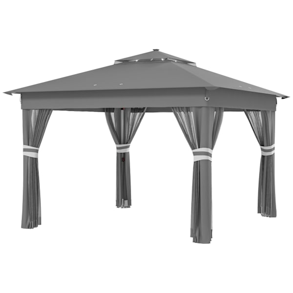 Outsolny Vikpaviljong Ca 3 X 3 M, Paviljong Med Led, 4 Nätgardiner, Sidovägg, Trädgårdspaviljong Med Vattenpåse, Dubbeltak, Bärväska, Mörkgrå.