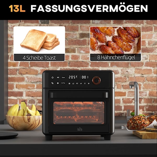 Miniuuni kiertoilmalla, 40 °C-220 °C, 13L miniuuni uunipellillä, grilliritilä, murupelti, kuumailmakeitin 12 ohjelmalla