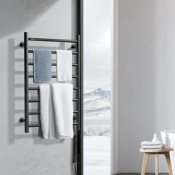 Vægmonteret håndklædevarmer, 8-stang, timer, sort