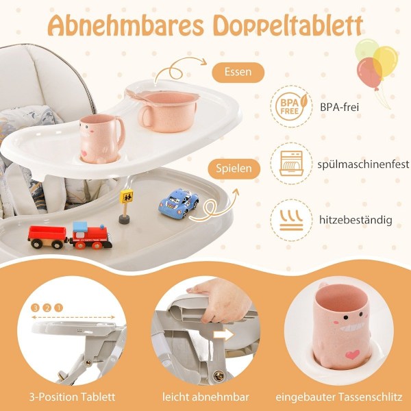 Barnstol hopfällbar barnstol med fällbara funktionshjul & dubbelbricka 96,5 x 55 x 99-109 cm grå