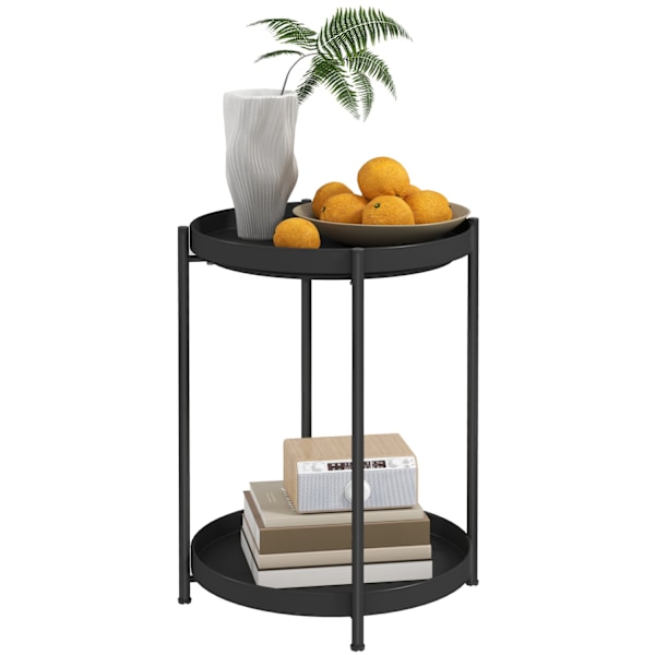 Sidebord, sofabord med 2 hylder, rundt sofabord, til stue, soveværelse, 44 x 44 x 56 cm, stål, sort