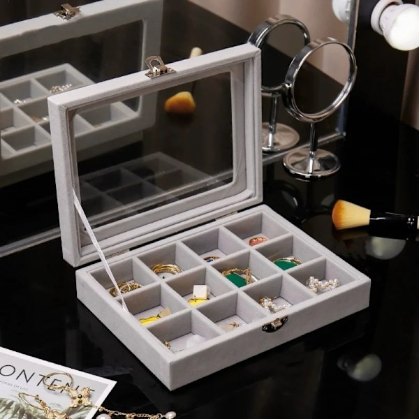 Herzberg HG-05309: Elegant smyckeorganisator i glaslock med 12 fack