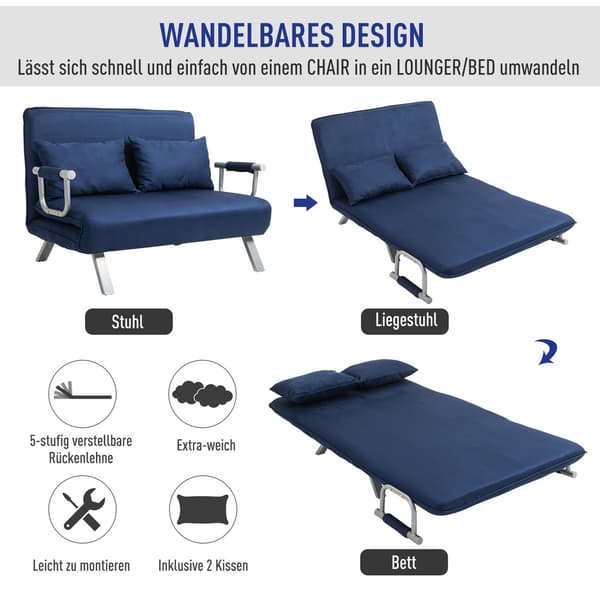 Bäddsoffa, 2-sits soffa med sovfunktion och justerbart ryggstöd, soffa med kuddar i sammetslook, stoppad soffa för vardagsrum och sovrum, blå