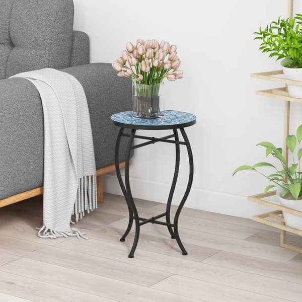 Rundt Mosaik Sidebord – 35x55 cm, Blå/Sort