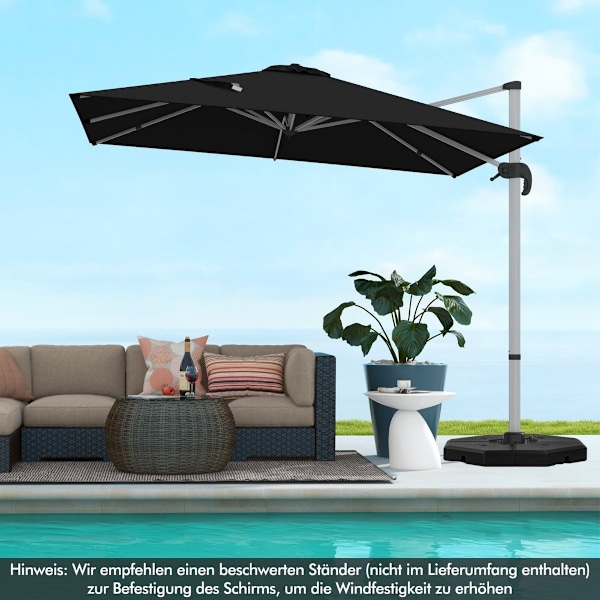 Rektangulær parasol 300 x 300 cm stor cantilever parasol med håndsving sort