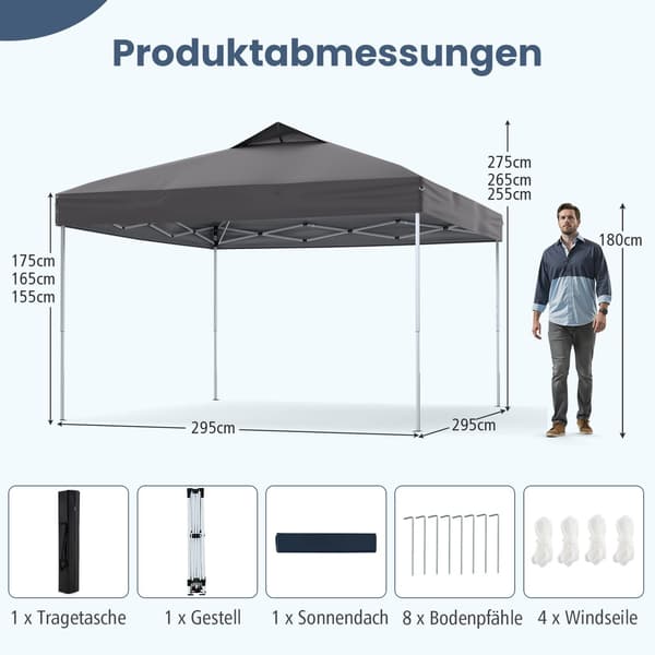 3x3m vedenpitävä pop-up huvimaja, UV 50+ harmaa