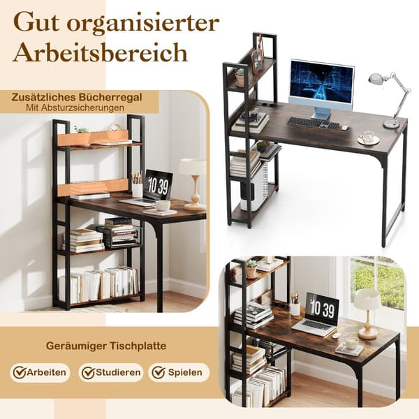 Computerbord med ladestation og bogreol, brun