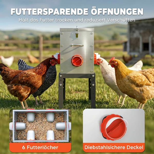 Kyllingefoderautomat 18 kg kapacitet, justerbare ben, 6 åbninger