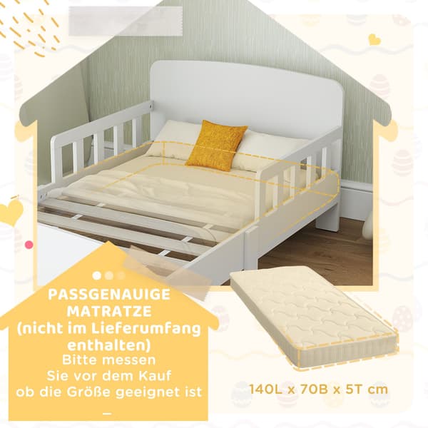 Barnsäng med säkerhetsräcken, MDF, åldrar 3-8, vit