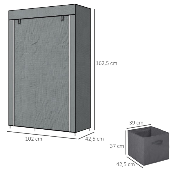 Stof Garderobe, Foldeskab Med Skuffer Og Bøjlestang, Lynlås, Garderobe, Non-Woven Stof, Mørkegrå