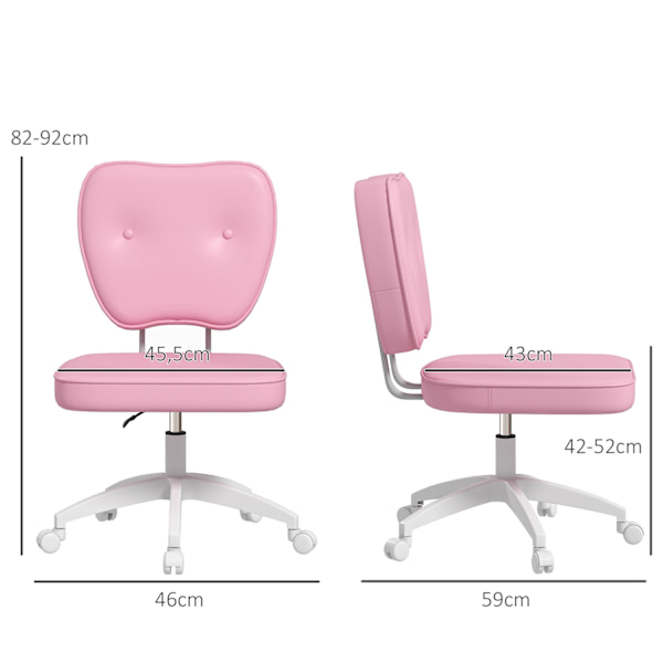 Kontorstol uden armlæn, 82-92H cm, drejestol til børn, højdejusterbar, bæreevne op til 120 kg, pink