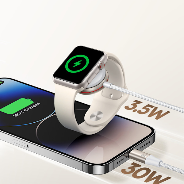 2in1 Lightning-kabel för iPhone och induktiv laddare för Apple Watch USB-C 1,5m vit