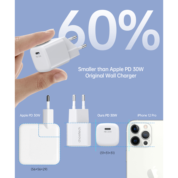 GaN USB-C PD 30W vægoplader hvid