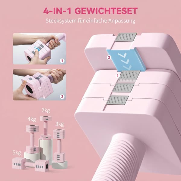 Justerbart hantelset, 2 x 5 kg, halkfritt grepp, rosa