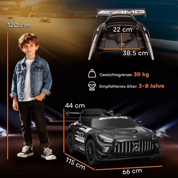 Børnebil, 12V batteri, LED-lys, musik, sort