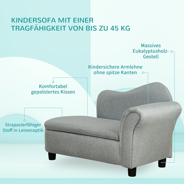 Barnsoffa Med Förvaringsutrymme I Ljusgrå Schäslong, Massivt Trä, 80X40X49Cm, För Barn 1,5-3 År