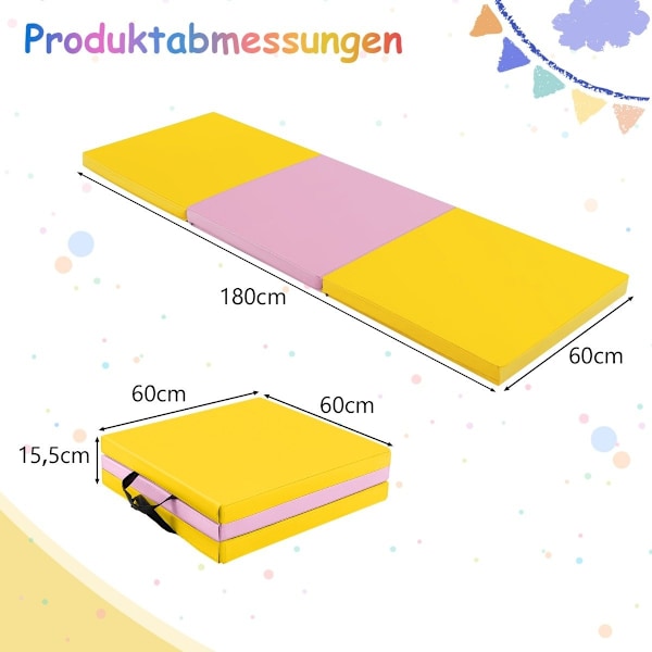 Foldbar blød gulvmåtte med 2 håndtag Skridsikker gymnastikmåtte 180 x 60 x 5 cm Pink + Gul