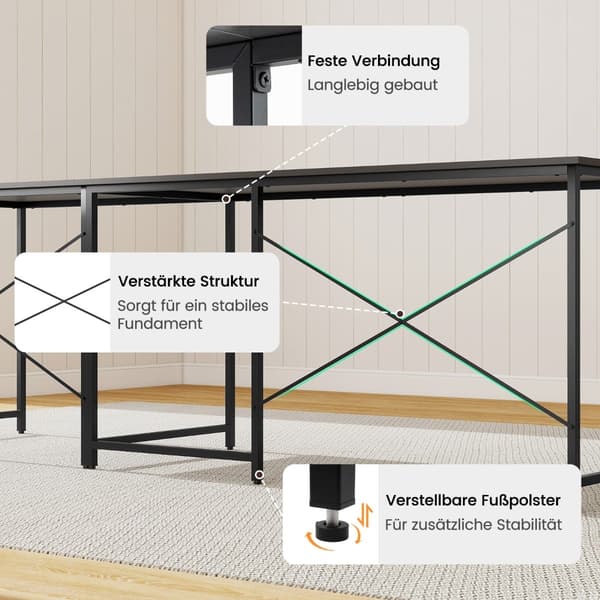 Vändbart L-format skrivbord med laddningsstation, grått