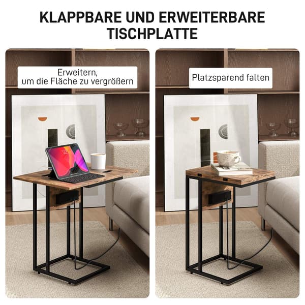 C-formet sidebord med ladestation og foldbar top