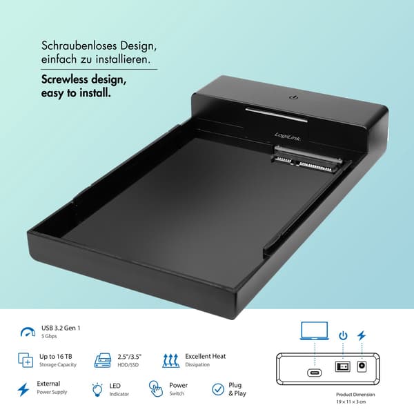 USB-C SATA HDD/SSD-kabinet, 2,5"/3,5", værktøjsfri, sort