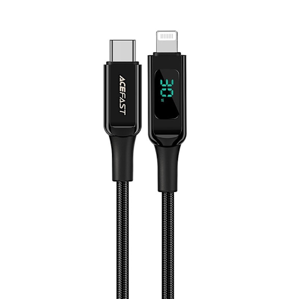 Punottu kaapeli LED-näytöllä iPhone MFI USB-C:lle - Lightning 1,2m 30W 3A musta