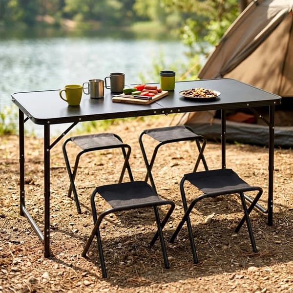Hopfällbart campingbordset med justerbar höjd, svart