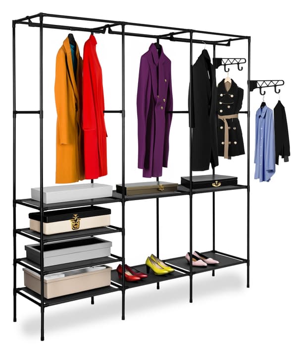 Garderobe med 8 hylder, sort, stålramme
