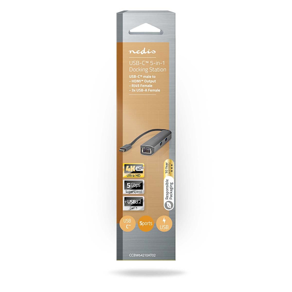 USB Multi-Port Adapter | USB 3.2 Gen 1 | USB-C™ Han | HDMI™ Hun / RJ45 Hun / 3x USB-A Hun | 5 Gbps | 0.20 m | Runde | Guldplateret | PVC | Antracit |