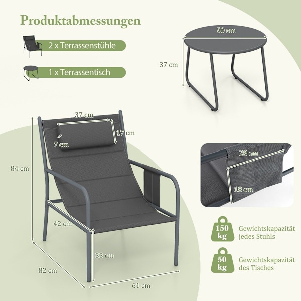 Parvekekalusteet 3 kpl. Puutarhakalusteet, 2 tuolia ja pöytäparvekesarja hengittävällä istuinkankaalla harmaa