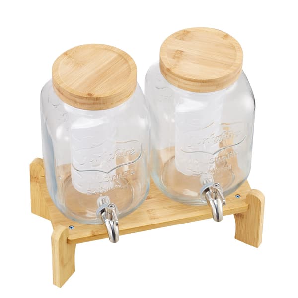 Glas drikkevaredispensersæt, 2 x 3,8L, træstativ, tap