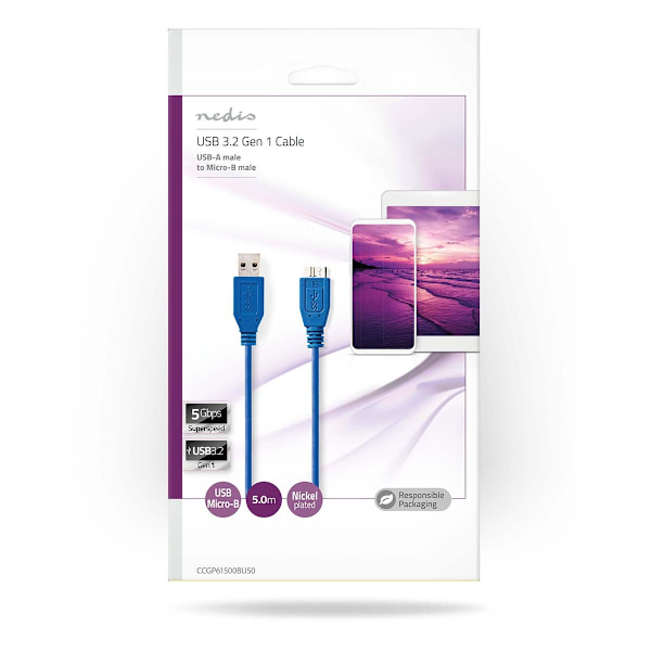 USB kaapeli | USB 3.2 Gen 1 | USB-A Uros | USB Micro-B Uros | 5 Gbps | Niklattu | 5.00 m | Pyöreä | PVC | Sininen | Muovipussi