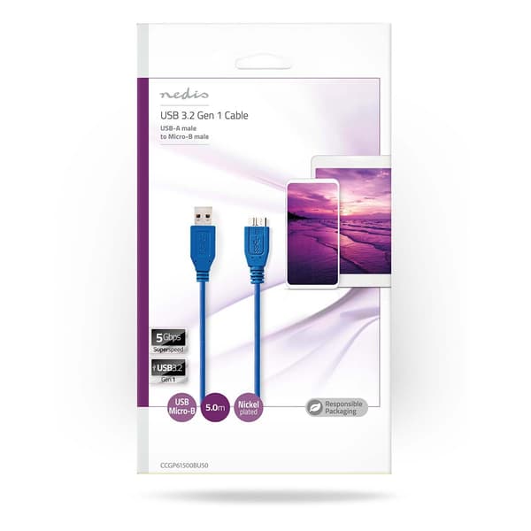 USB-kabel | USB 3.2 Gen 1 | USB-A Han | USB Micro-B han | 5 Gbps | Nikkelplateret | 5.00 m | Runde | PVC | Blå | Plastikpose