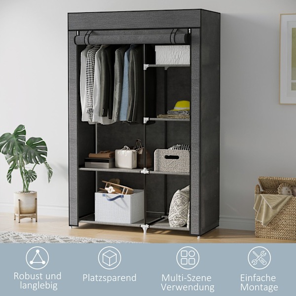 Garderobestofskab med bøjlestang, 6 rum, foldbart klædeskab i fleecelook, foldeskab til soveværelse, entre, mørkegrå, 103 x 43 x 162,5 cm